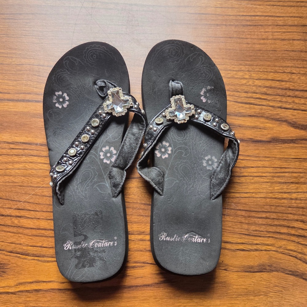 Rustic Couture Black Rhinestone Cross Flip Flop Sandals Western Style